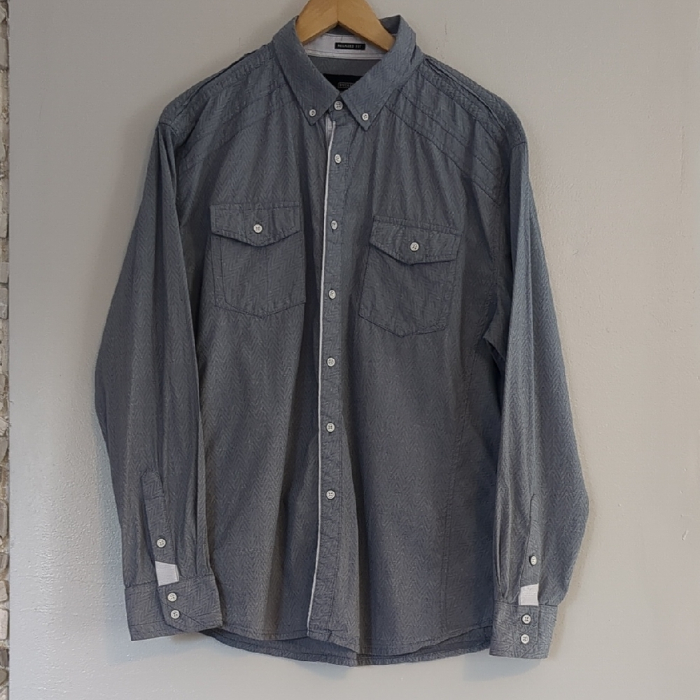 Buckle Black Button Up Shirt Men's Large  Business Blue Relaxed Fit